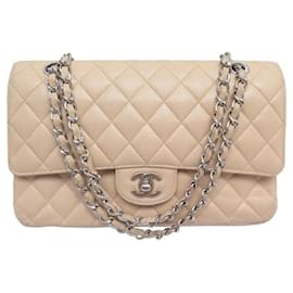 Chanel-CHANEL TIMELESS CLASSIC MÉDIA BOLSA CAVIAR COURO CROSSBODY BOLSA-Bege