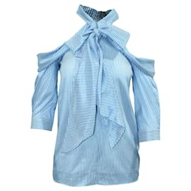 Erdem-Blue Striped Open Shoulder Shirt-Blue