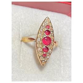 Autre Marque-Antiguo anillo de oro amarillo 18 quilates engastados con perlas y gafas rojas.-Rosa,Dorado
