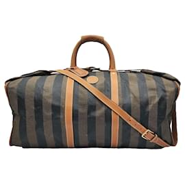 Fendi-Fendi Brown Stripe Boston Travel Bag with Strap-Brown