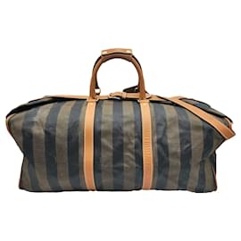 Fendi-Fendi Brown Stripe Boston Travel Bag with Strap-Brown
