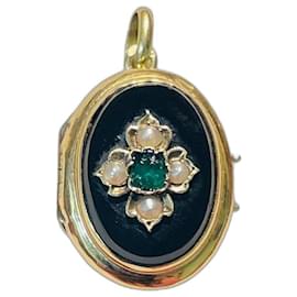 Autre Marque-Altgoldener Fotohalter-Anhänger 18 Karat besetzt mit Onyx,Perlen und ein grüner Stein-Golden