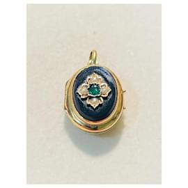 Autre Marque-Old gold photo holder pendant 18 carats set with onyx,pearls and a green stone-Golden