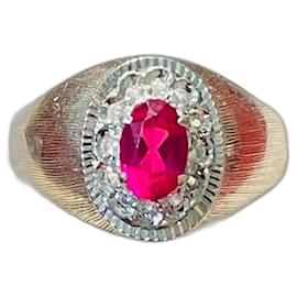 Autre Marque-Old white gold ring set with a synthetic ruby and zircons-Silvery,Pink