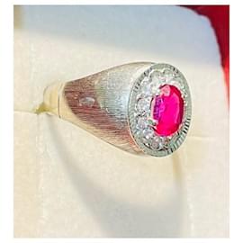 Autre Marque-Bague ancienne en or blanc sertie d’un rubis synthétique et zircons-Argenté,Rose