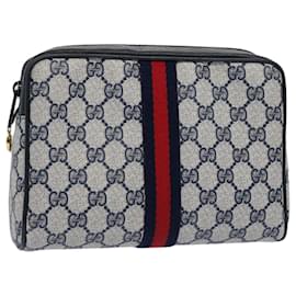Gucci-GUCCI GG Supreme Sherry Line Clutch Bag PVC Leather Red Navy 010 378 Auth am5423-Red,Navy blue