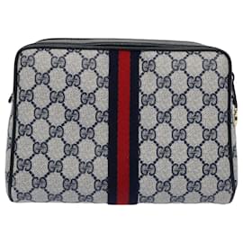 Gucci-GUCCI GG Supreme Sherry Line Clutch Bag PVC Leather Red Navy 010 378 Auth am5423-Red,Navy blue