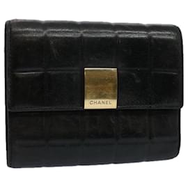 Chanel-CHANEL Choco Bar Line Wallet Leather Black CC Auth ep2768-Black
