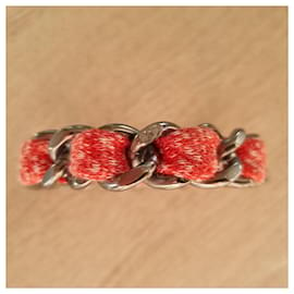 Chanel-CHANEL bangle bracelet metal CC logo orange fabric-Silvery