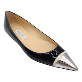Autre Marque-Jimmy Choo Black / ivory / Silver Metallic Snakeskin Pointed Toe Patent Leather Flats-Black