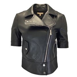 Michael Kors Collection Black Short Sleeved Moto Zip Lambskin Leather Jacket Black