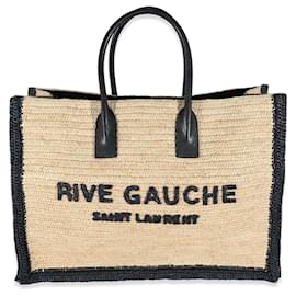 Saint Laurent-Saint Laurent Beige Natural Raffia Black Leather Rive Gauche Tote-Brown,Beige