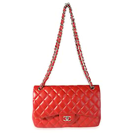 Chanel-Bolsa Chanel Red acolchoada em pele de cordeiro Classic Jumbo forrada com aba-Vermelho