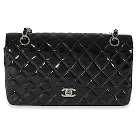 Chanel-Chanel Black Quilted Patent Leather Medium Classic Double Flap Bag-Black