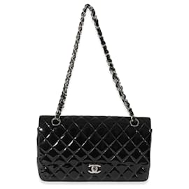 Chanel-Chanel Black Quilted Patent Leather Medium Classic Double Flap Bag-Black