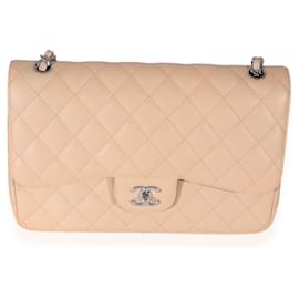 Chanel-Bolsa Chanel Bege Acolchoada Caviar Jumbo Classic forrada com aba-Marrom,Bege