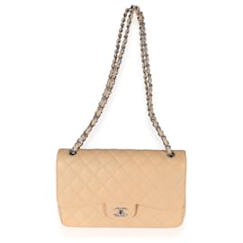 Chanel-Chanel Beige Quilted Caviar Jumbo Classic Double Flap Bag-Brown,Beige