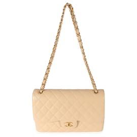 Chanel-Bolsa Chanel Bege Acolchoada Caviar Jumbo Classic forrada com aba-Marrom,Bege