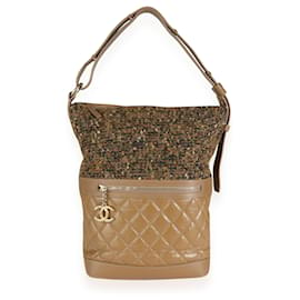 Chanel-Chanel Tweed & Camel Quilted Aged Calf Leather Medium Casual Style Hobo-Braun