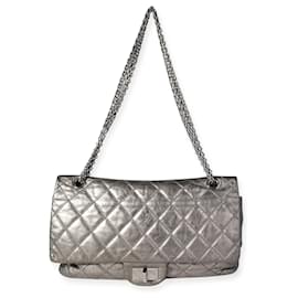 Chanel-Chanel Metallic Pewter Crinkle Lambskin Reissue 2.25 227 Double Flap Bag-Silvery,Metallic