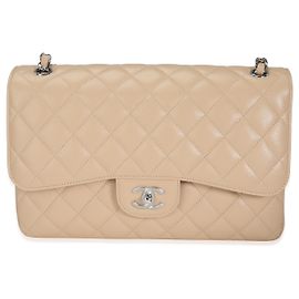 Bolsa Chanel Bege Acolchoada Caviar Jumbo Classic forrada com aba Marrom Bege