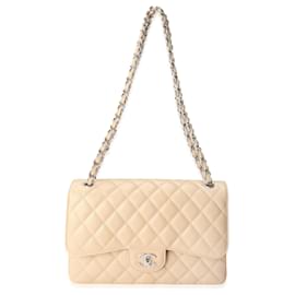 Chanel-Chanel Beige Quilted Caviar Jumbo Classic Double Flap Bag-Brown,Beige