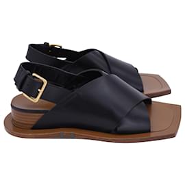 Marni-Marni Micro Wedge Square Toe Sandals in Black Leather-Black