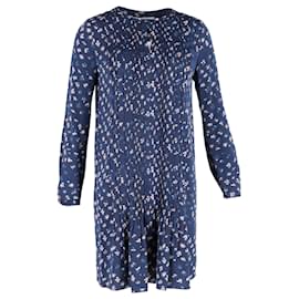 Diane Von Furstenberg-Diane Von Furstenberg Printed Pleated Long-Sleeve Dress in Navy Blue Silk-Navy blue