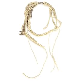 Chanel-Faux-Pearl Fringe Necklace Gold Toned Chanel Multi-Strand B 14 b-Metallic