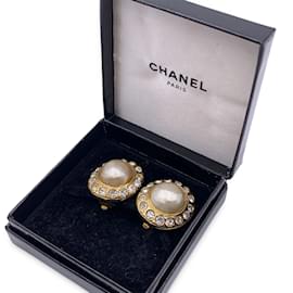 Chanel-Boucles d'Oreilles Clip Vintage Or Métal Fausse Perles Strass-Doré
