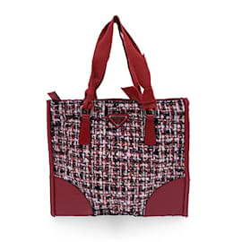 Prada-Red Tweed and Leather Small Flat Tote Handbag Satchel-Red