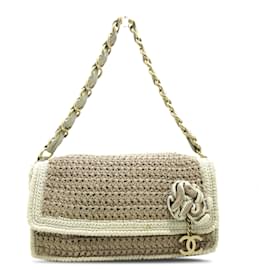 Chanel-Chanel Brown Crochet Camellia Flap-Brown,Beige