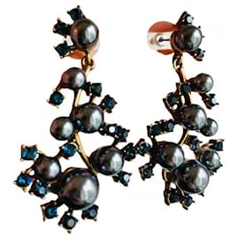 Oscar de la Renta-Von Oscar De La Renta signierte Couture-Ohrringe mit künstlichen blauen Perlen und goldenen Zweigen-Anthrazitgrau