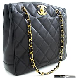 Chanel-CHANEL Caviar Large Chain Shoulder Bag Black Quilted Leather-Black