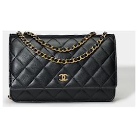 Chanel-CHANEL Portemonnaie an Kettentasche aus schwarzem Leder - 101614-Schwarz