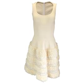 Autre Marque-Alaia Ivory Ruffled Sleeveless Scoop Neck Silk Knit Dress-Cream