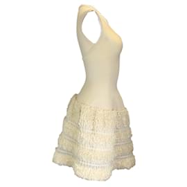 Autre Marque-Alaia Ivory Ruffled Sleeveless Scoop Neck Silk Knit Dress-Cream