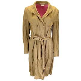 Autre Marque-Dries Van Noten Camel Belted lined Breasted Crinkled Cotton Coat-Camel