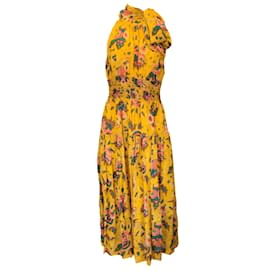 Autre Marque-Ulla Johnson Mustard Silk Georgette Waterlily Print Maya Midi Dress-Yellow