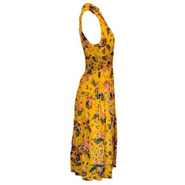Autre Marque-Ulla Johnson Mustard Silk Georgette Waterlily Print Maya Midi Dress-Yellow