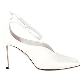 Jimmy Choo-Jimmy Choo Sonia 85 Pointed-Toe Ankle Strap Pumps in White Leather-White
