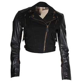 Burberry-Burberry Brit Cropped Biker Jacket in Black Cotton and Leather-Black