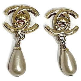 Chanel-Boucles d'oreilles pendantes en perles CC 96P-Doré
