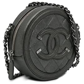 Chanel-Chanel Bolsa Crossbody Filigrana Cinza Caviar CC-Cinza