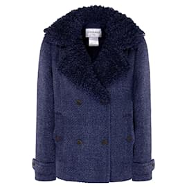 Chanel-Tweed-Jacke mit flauschigem Kragen und CC-Knöpfen-Marineblau