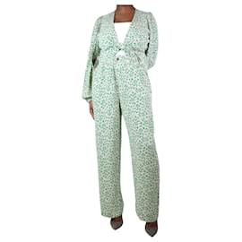 Ganni-Set camicetta-pantaloni avvolgenti in crêpe con stampa di foglie color crema - taglia UK 14-Verde