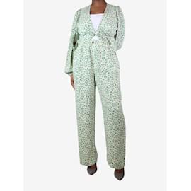 Ganni-Conjunto blusa-pantalones cruzados en crepe estampado hojas color crema - talla UK 14-Verde