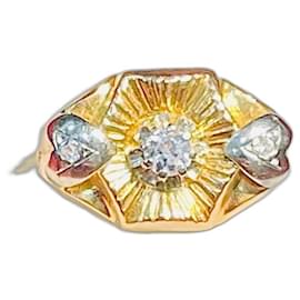 Autre Marque-Old ring in yellow and white gold 18 carats set with 3 White Stones.-Silvery,Golden
