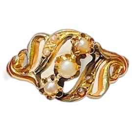 Autre Marque-Antique rose gold ring 18 carats set with pearls.-Golden