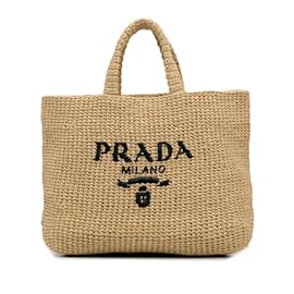 Prada-Tan Prada Raffia Logo Tote Bag-Camel